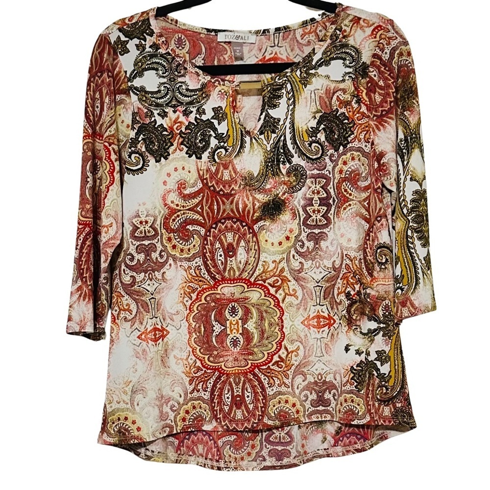 Roz & Ali Petite M Boho Paisley Print 3/4 Sleeve Blouse Multicolor Stretch Top